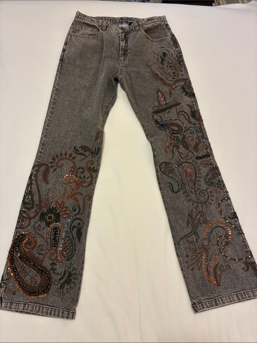 Chico's Gray Flare Jeans with Paisley Embroidery